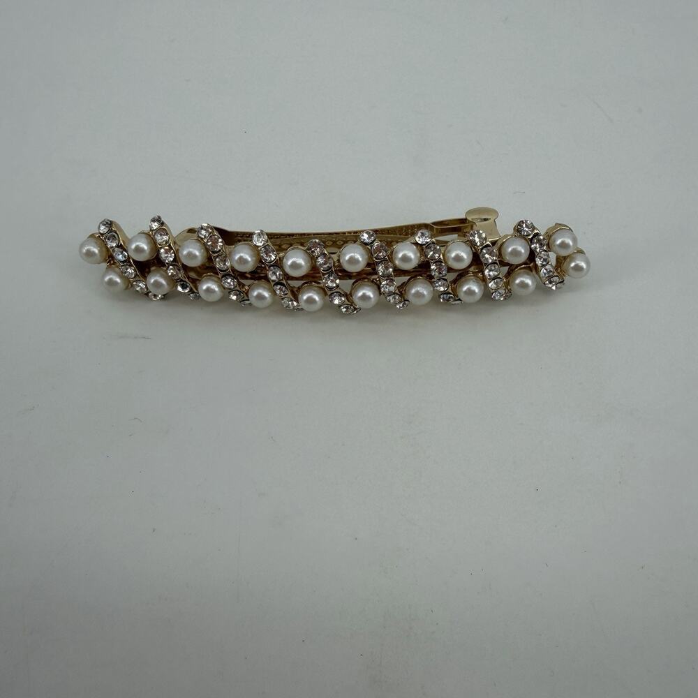 Vintage 80s 90s Faux Pearl & Rhinestone Hair Barrette Clip Gold Tone Feminine